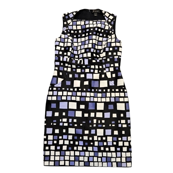 ST JOHN Purple & Black Geometric Print Sleeveless Sheath Dress Pockets Size 8 - Picture 1 of 6